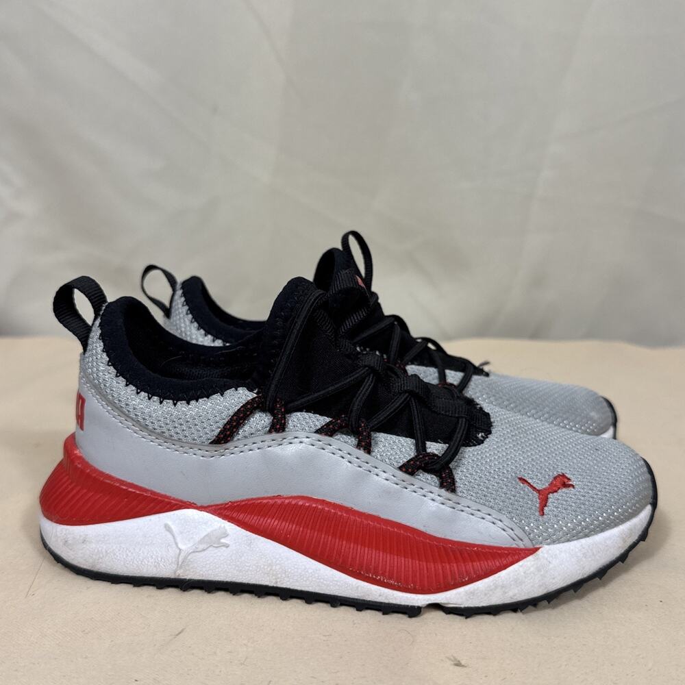 PUMA Kids Sneakers Size 12C Gray Red Black Athletic Shoes No Tie